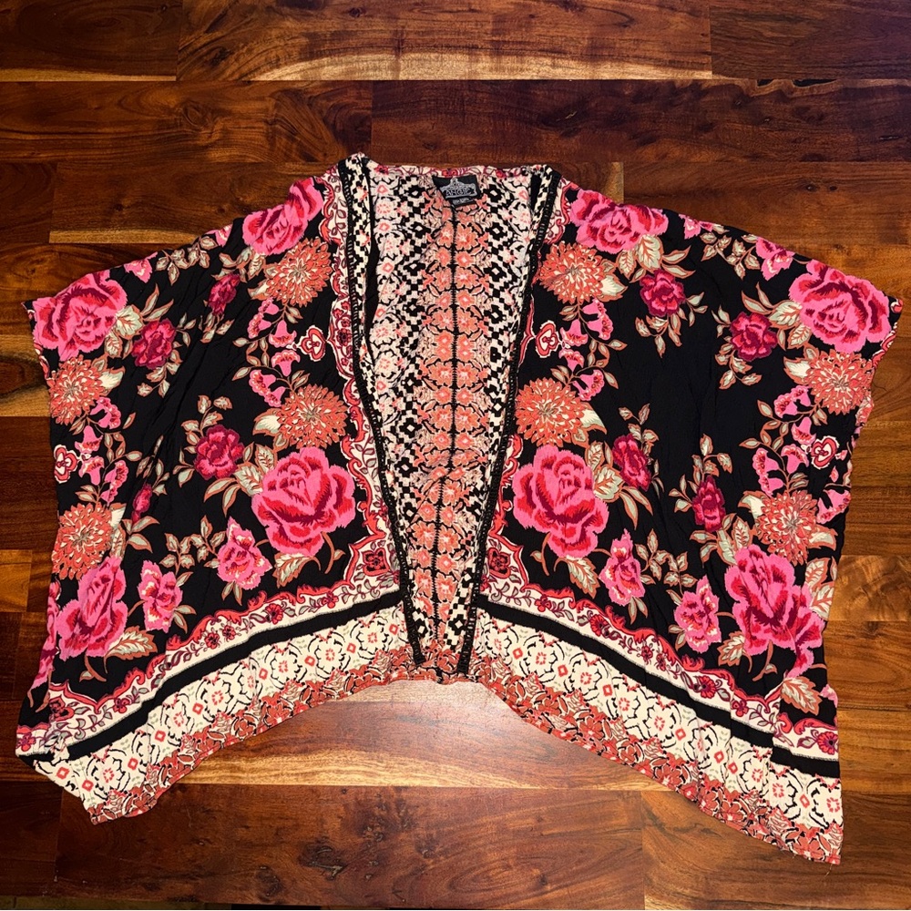 Floral Open Kimono Cardigan - Black Pink & Coral Roses